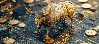 toro dorado con texturas de circuitos electrónicos, posado sobre una placa base de computadora rodeada de monedas de Bitcoin.