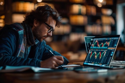 hombre joven con gafas y bufanda, absorto en su trabajo mientras toma notas manualmente en un cuaderno. A su lado, una computadora portátil muestra gráficos detallados de trading con velas japonesas, sugiriendo un proceso de estudio o planificación de estrategias financieras