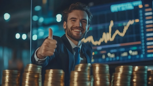 Um homem sorridente, de terno e gravata, faz um sinal de aprovação atrás de várias torres de moedas de ouro, com um grande gráfico do mercado de ações ao fundo.