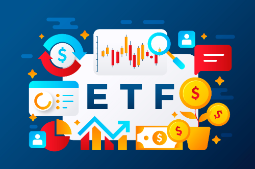 Uma ilustração vetorial em estilo plano sobre um fundo azul, centrada na sigla "ETF", rodeada por vários ícones financeiros, como moedas de dólar, gráficos de velas, setas de crescimento e barras estatísticas.