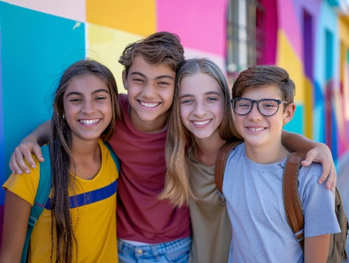 se muestra a cuatro adolescentes sonrientes —dos chicas y dos chicos— posando juntos y abrazados de manera amigable