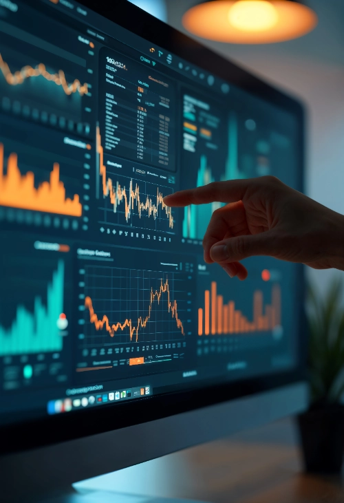 Uma mão aponta diretamente para um ecrã de computador que exibe painéis interativos com diversos gráficos analíticos de barras e linhas nas cores laranja e turquesa.