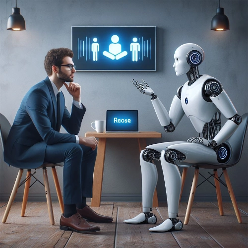 Un hombre en traje sentado frente a un robot humanoide blanco durante una entrevista de trabajo, representando la interacción o competencia entre humanos e inteligencia artificial.