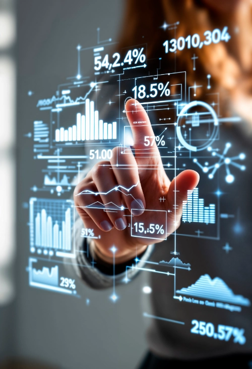Una mano toca una pantalla táctil transparente e interactiva llena de gráficos, porcentajes y análisis de datos futuristas.