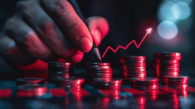 Una mano sostiene un bolígrafo sobre varias pilas de monedas iluminadas con una fuerte luz roja, mientras un gráfico brillante con una flecha ascendente emerge hacia la derecha.