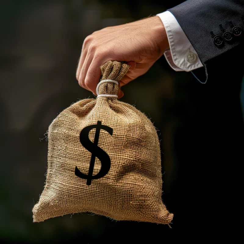 Mano de un ejecutivo sosteniendo una bolsa de dinero de arpillera con el símbolo de dólar, representando financiamiento corporativo, acumulación de capital e inversión de capital de riesgo.