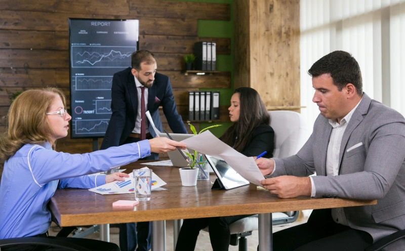 Ejecutiva entregando informes con gráficos a un colega durante una reunión de negocios en la sala de conferencias de la empresa.